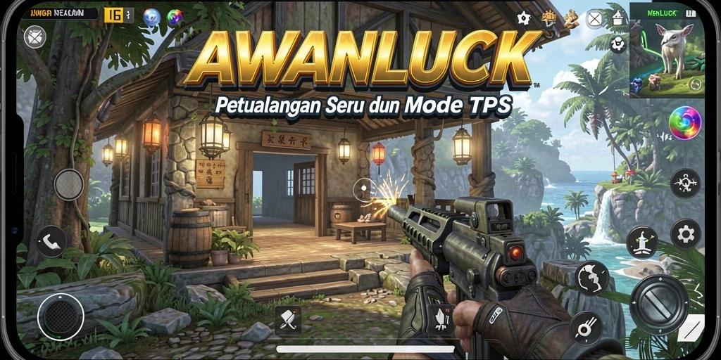 Tangkapan layar gameplay AWANLUCK menunjukkan aksi seru dalam pertempuran TPS.