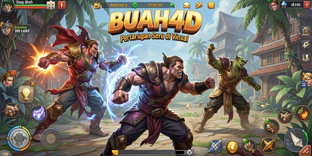 Screenshot menunjukkan pertarungan epik antara karakter di BUAH4D.