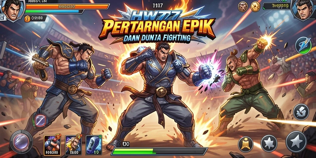 Screenshot HW777 menampilkan pertarungan seru dan intens di arena yang menakjubkan.