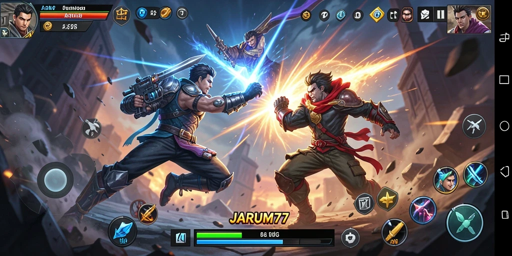 Tangkapan layar utama JARUM77 menunjukkan aksi seru gameplay.