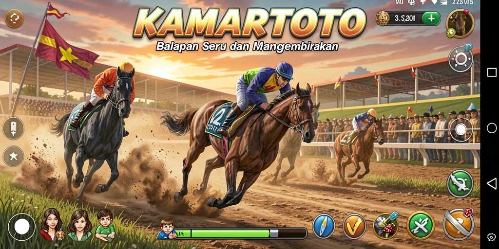 Tampilan gameplay KAMARTOTO dengan aksi balapan yang mendebarkan.