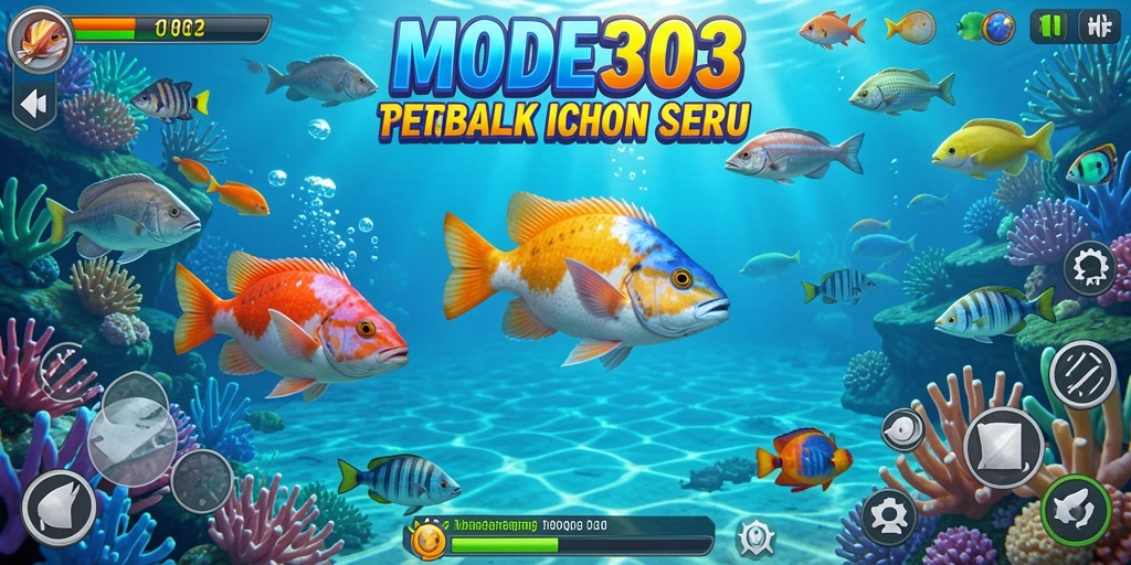 Tangkapan layar utama MODE303 menampilkan aksi tembak ikan yang seru.