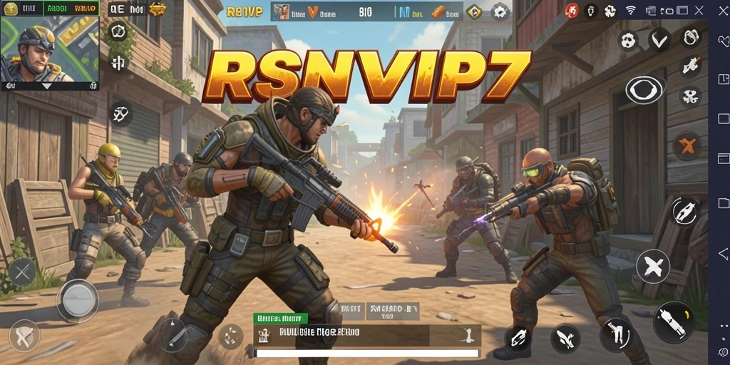 Screenshot utama RSNVIP7 menampilkan aksi intens dalam permainan Battle Royale.